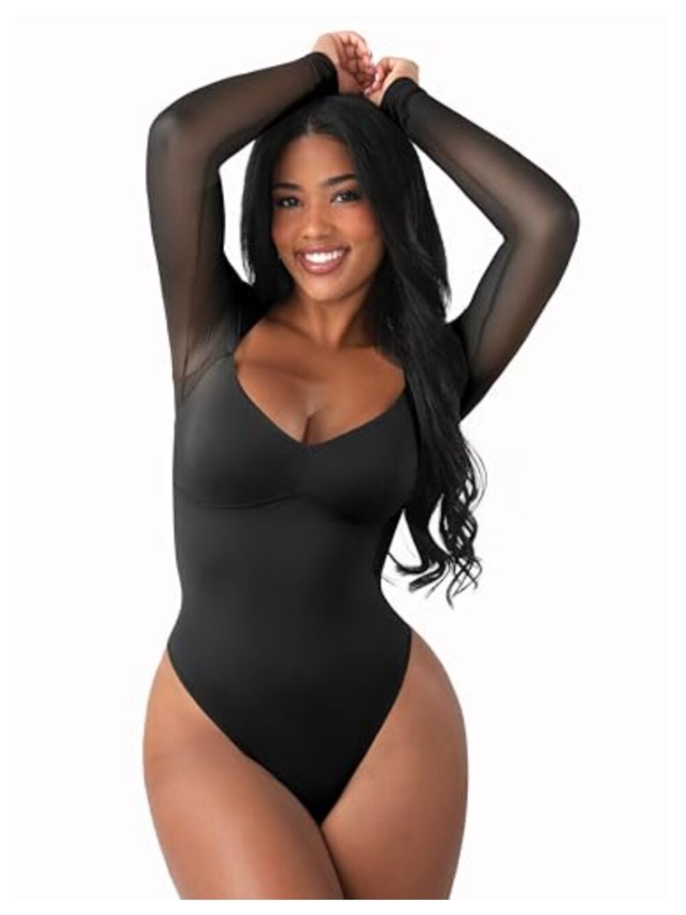 Nylon Spandex Long Sleeve Bodysuit Mesh V Neck Thong Shaping Going Out Party